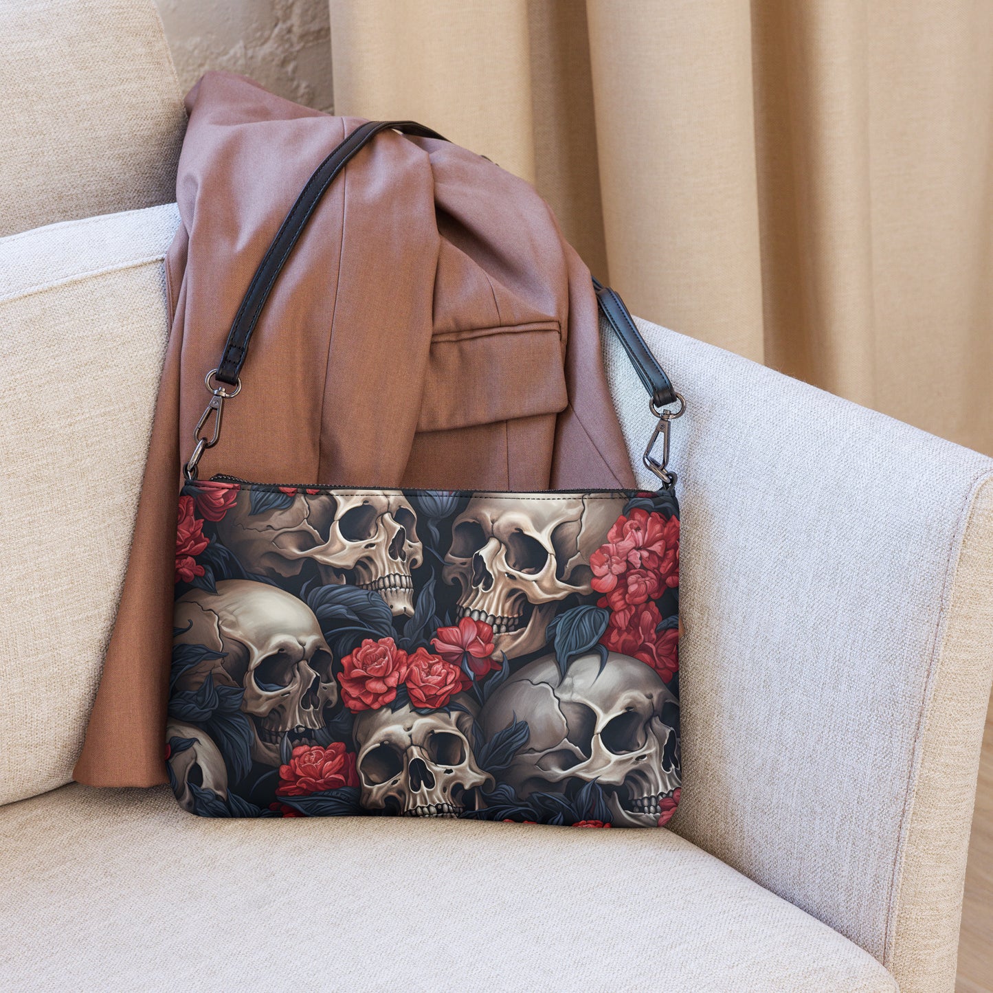 Umhängetasche Schädel und Blumen Motiv 1