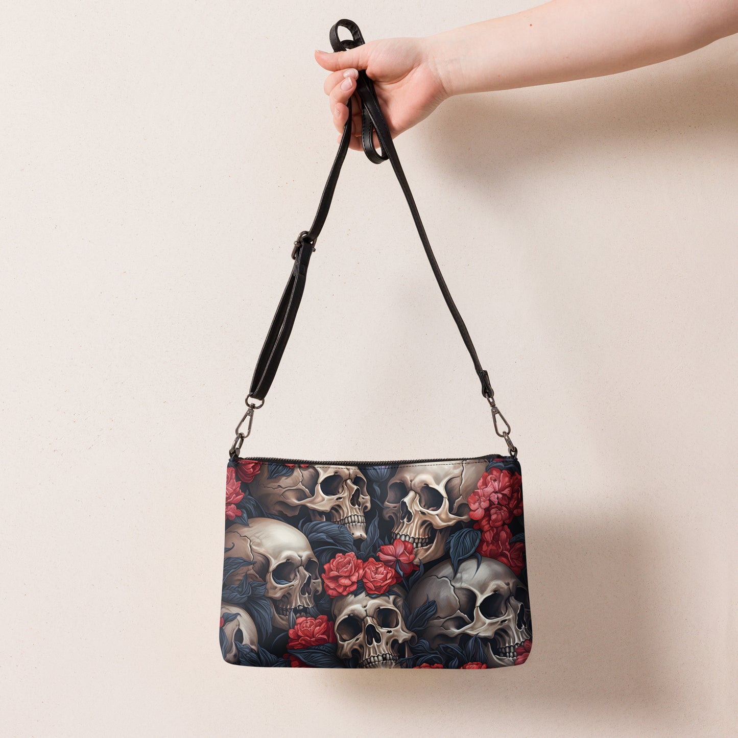 Umhängetasche Schädel und Blumen Motiv 1