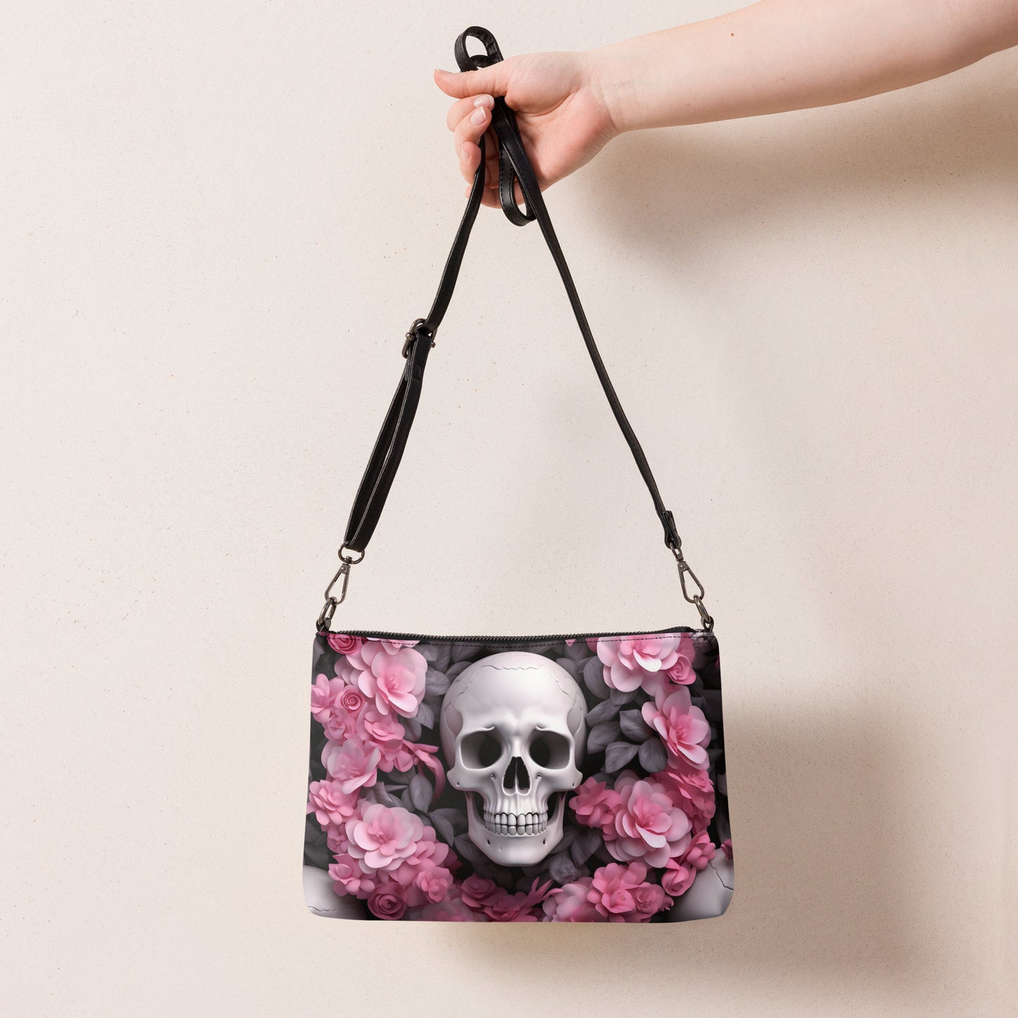 Umhängetasche Schädel und Blumen Motiv 2