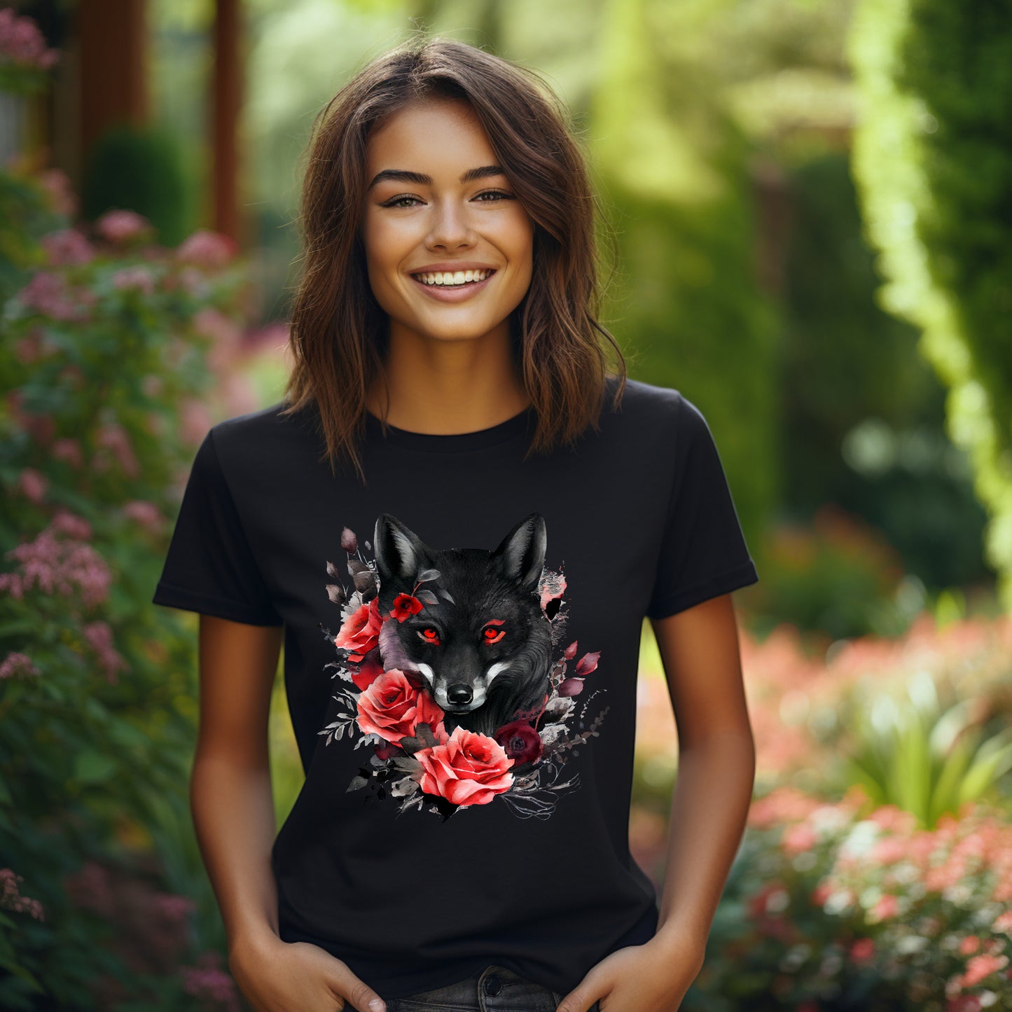 Frauen T-Shirt Aquarell Gothic schwarzer Fuchs