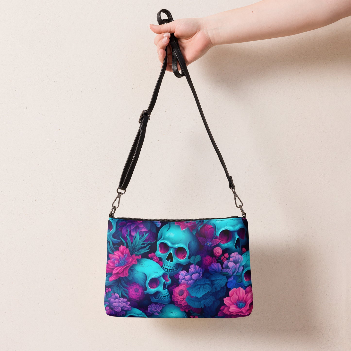 Umhängetasche Schädel und Blumen Motiv 3