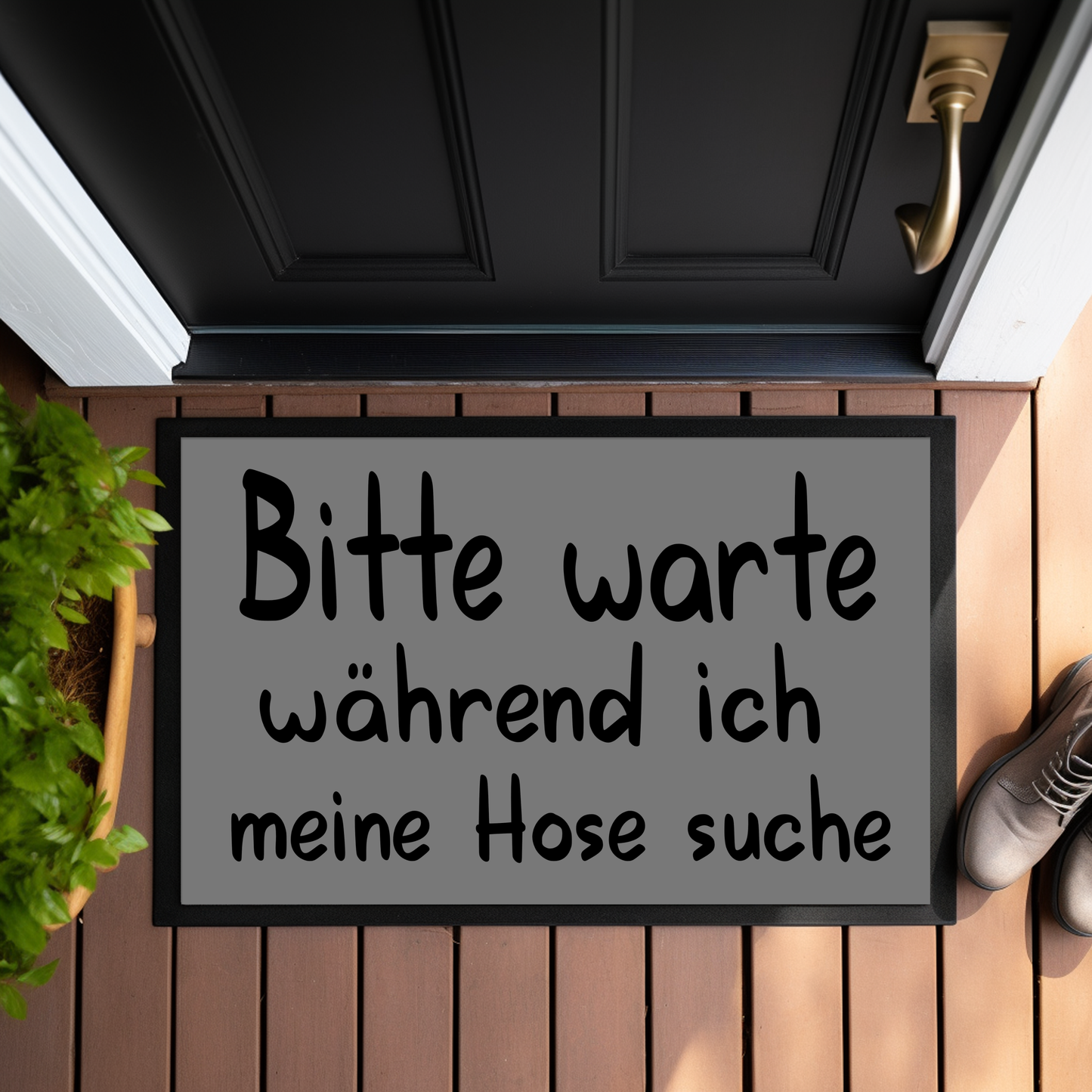 Fußmatte Bitte warte, während ich meine Hose suche ( Anthrazit mit schwarzer Schrift)