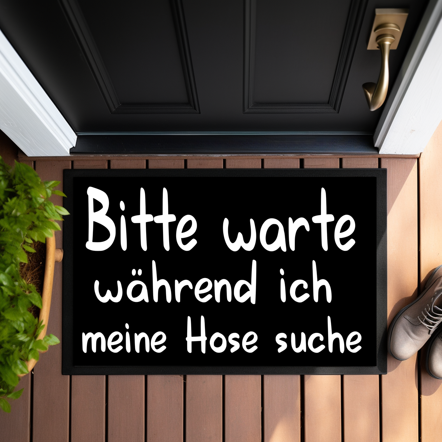 Fußmatte Bitte warte, während ich meine Hose suche ( Schwarz mit weißer Schrift)