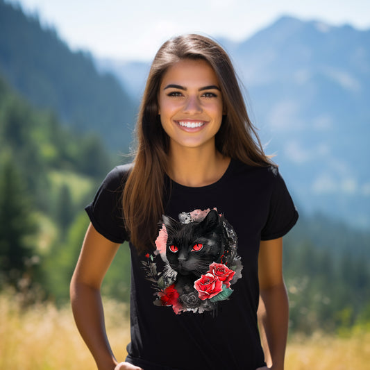 Frauen T-Shirt Aquarell Gothic schwarzer Kater